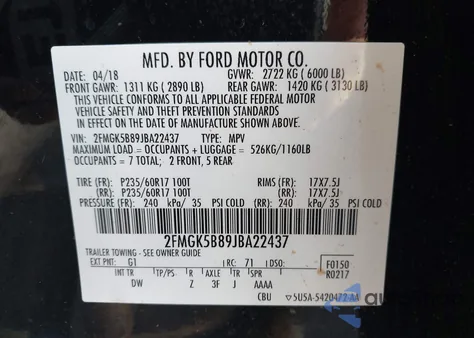 2018 Ford Flex Se from USA, damaged, VIN 2FMGK5B89JBA22437